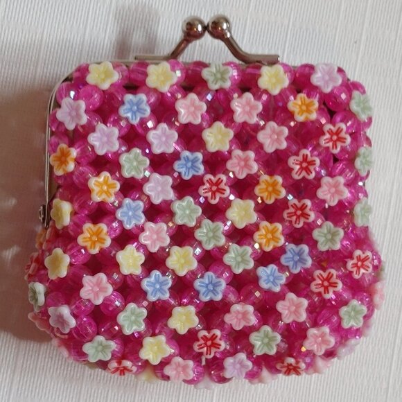 CUTE BEADED COIN PURSE Flower Beads Textured Floral Bead Change Purse - Picture 1 of 3